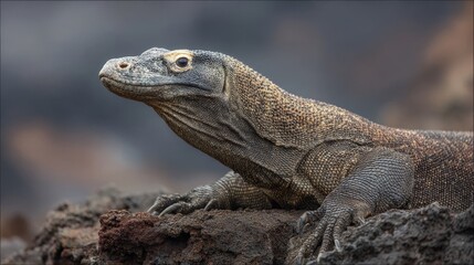 A fierce Komodo dragon lizard basking on sun-warmed volcanic rock, showcasing its ancient predatory nature.