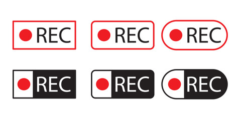 Recording icon set. Red sign camera video recording symbol, rec icon