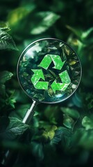 Magnifying glass reveals recycling symbol on lush green leaves nature photo
