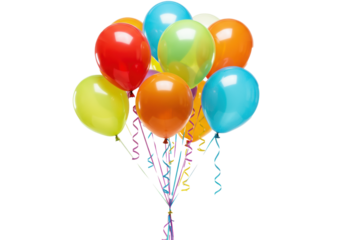 Cheerful bouquet of round Mylar balloons in vibrant colors with curling satin ribbons, against a transparent background with copy space. Birthday celebration atmosphere