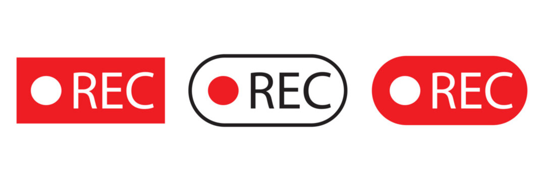 Recording icon set. Red sign camera video recording symbol, rec icon