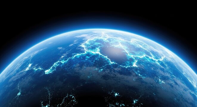 3D view of planet Earth in space with the sun and moon over the blue global sphere and world map atmosphere at night with stars - Powered by Adobe