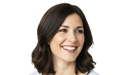 A young blonde woman with short hair wearing a light blue top looking over her shoulder and laughing.
