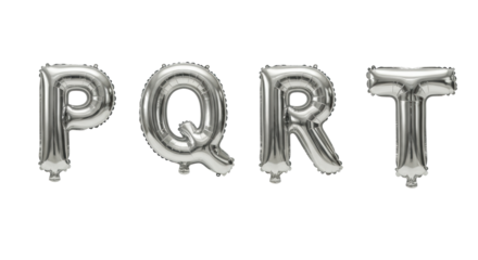 Five perfectly inflated shiny silver foil balloons P, Q, R, S, T, reflective 3D, on transparent background with copy space, modern celebratory typography concept