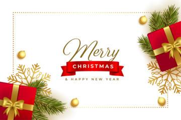 An elegant merry christmas and happy new year greeting card design with gift boxes and snowflakes