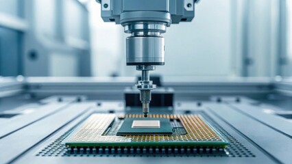 Precision Robotics Placing Chip on Circuit Board in Factory Setting