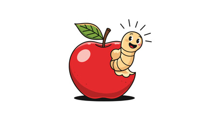 Happy Worm Crawling Out of a Bitten Red Apple Illustration