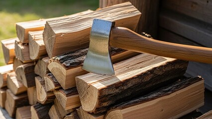 sharp steel axe lying on a pile of chopped firewood for lumberjack blogs, wood burning stove websites, seasonal heating guides and rural lifestyle articles, on bokeh background