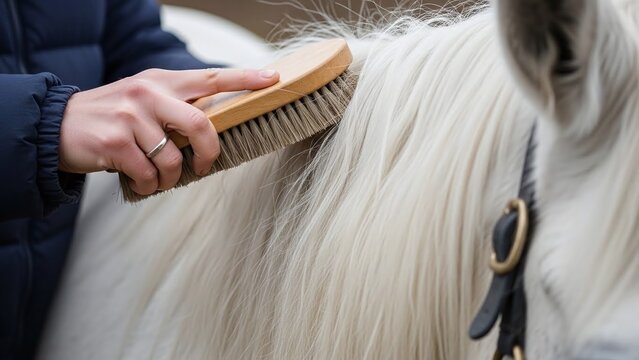 hands of a person brushing white horse mane for equestrian blogs, stables websites, pet care guides, animal grooming tutorials and lifestyle presentations, on bokeh background