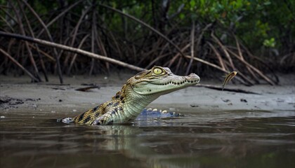 Juvenile Caiman Hunts Leaping Fish in Mangrove Waters