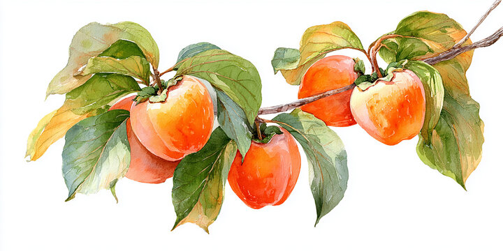 Watercolor botanical persimmons on a branch with green leaves, isolated on white background.