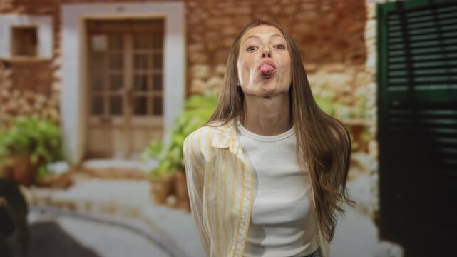 Woman covers face with hand and sticks tongue out at building entrance, smiling in casual shirt; playful moment.