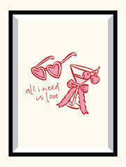 Whimsical Valentine&rsquo;s Day art poster in a frame with hand-drawn ink sketch love doodles and romantic love slogans.