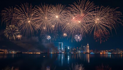 Spectacular fireworks display illuminating a modern city skyline at night, with vibrant lights reflecting on the calm water, celebrating New Year's Eve or special events.