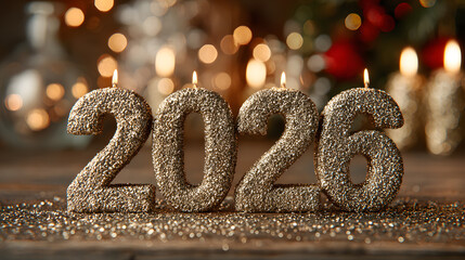 Golden 2026 Glitter Candles Burning on Rustic Wooden Table for New Year