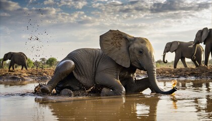 Obraz premium Safari Wildlife: Joyful Young Elephant Calf Splashing in Muddy Waterhole