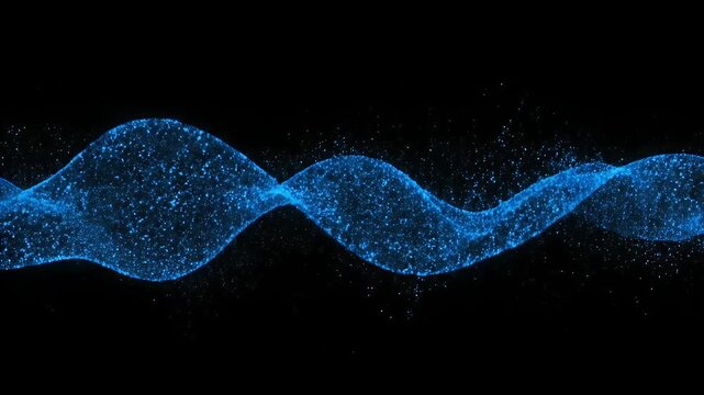 A flowing blue wave of abstract particles on a black background.