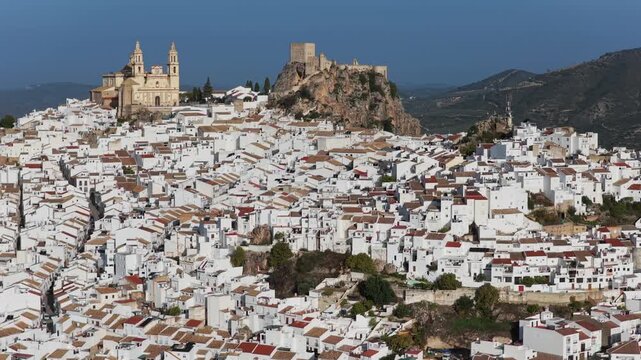 Majestic Olvera: 4K Cinematic Aerial Flyover of the Historic Moorish Castle, Neoclassical Church, and Whitewashed Streets of Andalusia&rsquo;s Capital of Rural Tourism, Spain