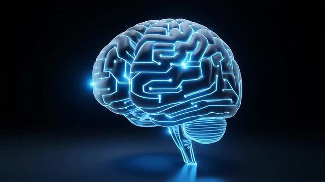 Glowing blue brain with circuit patterns animation