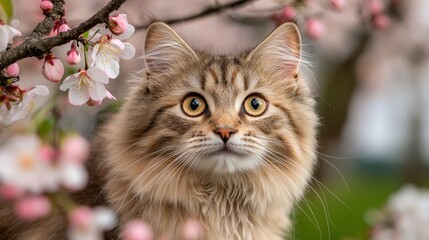 Obraz premium Adorable fluffy cat surrounded by delicate pink cherry blossoms