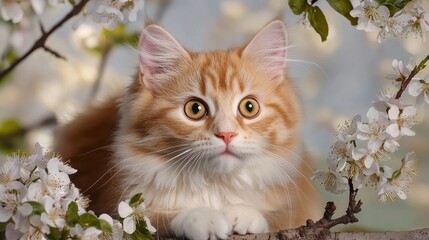 Adorable Ginger Cat Surrounded by Blossom Flowers in Nature