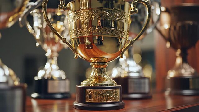 A collection of trophies with a gold champion cup in the center. Slow zoom on the first place award. Concept of victory, success, and achievement