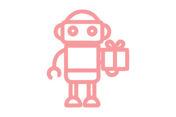 Red Outline Robot Holding Gift Box Icon on White Background android cyborg
