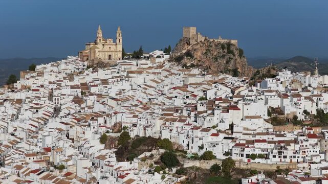 Majestic Olvera: 4K Cinematic Aerial Flyover of the Historic Moorish Castle, Neoclassical Church, and Whitewashed Streets of Andalusia&rsquo;s Capital of Rural Tourism, Spain