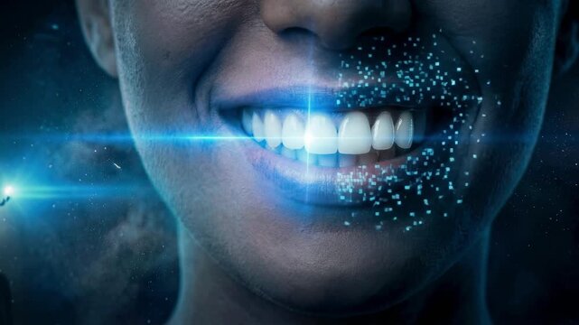 Close up of a woman's perfect smile with healthy white teeth being scanned by a futuristic blue laser light, revealing digital particles representing advanced dental technology and cosmetic care