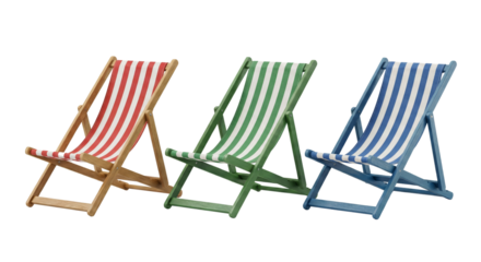 Colorful striped deck chairs arranged in a row with isolated transparent background