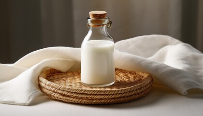 Glass Bottle With A Cork Containing A White Liquid Resting On A Woven Coaster And A White Fabric Tablecloth