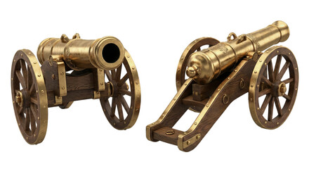 Historical brass cannons with wooden wheels isolated on transparent background for museum or