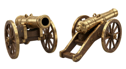 Historical brass cannons with wooden wheels isolated on transparent background for museum or