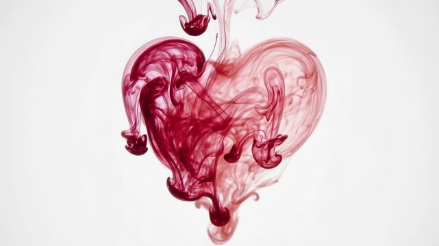 Red ink gracefully dissolving in clear water, creating an ethereal and abstract heart shaped cloud isolated on a pure white background, symbolizing love, passion, and romance for valentine's day