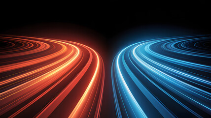 Abstract glowing light trails in blue and orange motion background