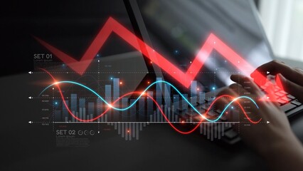 Economic caution visualized with fluctuating market graph, alert symbols, and negative data trends. Represents financial risk, market volatility, and economic uncertainty. Muxer