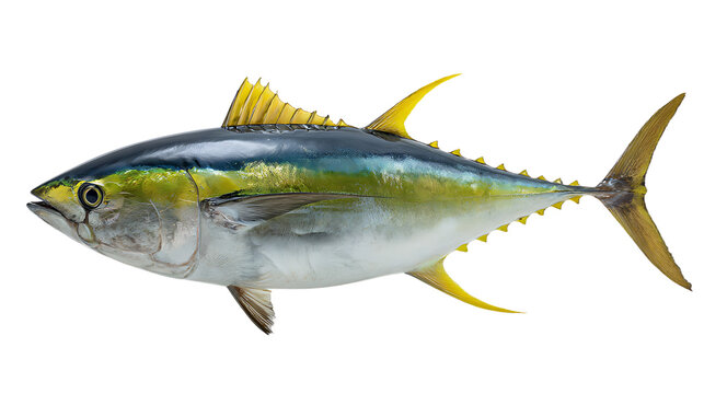 Yellowfin tuna fish isolated on transparent background, studio shot of marine animal