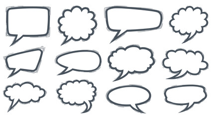 Fototapeta premium Collection of empty speech and thought bubbles hand-drawn with a rough, grungy brush effect, isolated on a white background for adding text.