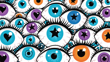 Seamless pattern of colorful cartoon eyes with various expressions and pupils like hearts and stars, creating a psychedelic pop art background.