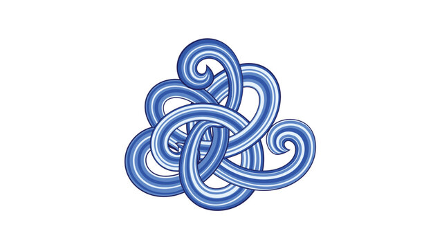 Intricate blue Celtic knot with striped, interwoven lines forming a complex and endless pattern, isolated on a clean white background.