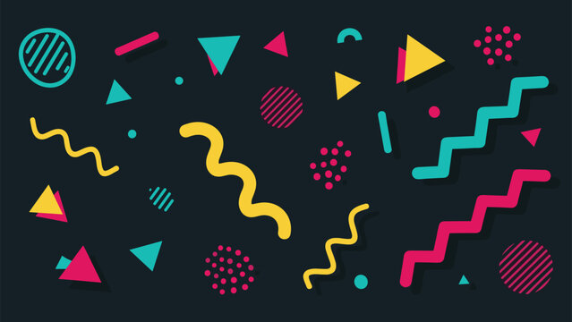 Colorful abstract background with various 80s and 90s inspired geometric shapes, dots, and lines in a playful Memphis design style.
