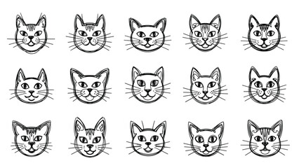 Obraz premium Set of fifteen cute cat faces hand-drawn in a simple, sketchy doodle style, showing various feline expressions and markings.