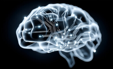 Artificial Intelligence Brain with Futuristic Digital Circuit Neural Network Design. Artificial intelligence brain illustrated with futuristic digital elements, featuring circuit a