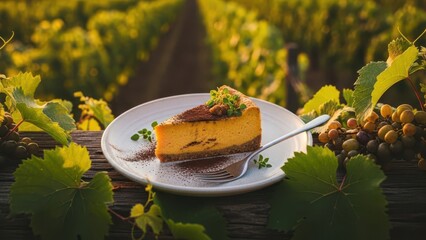 Slice of pumpkin cheesecake served on a white plate with a fork, set on a wooden surface amidst lush green grapevines and ripe grapes in a vineyard at sunset