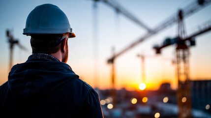Beginning of success concept with silhouette construction site, heavily defocused sunset background, cranes building construction preparing to welcome new period, development and g