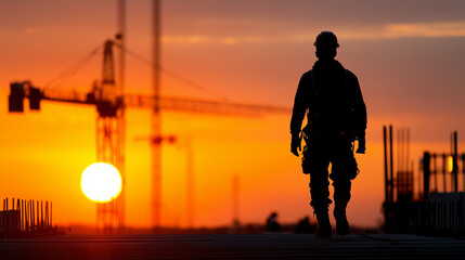 Beginning of success concept with silhouette construction site, heavily defocused sunset background, cranes building construction preparing to welcome new period, development and g
