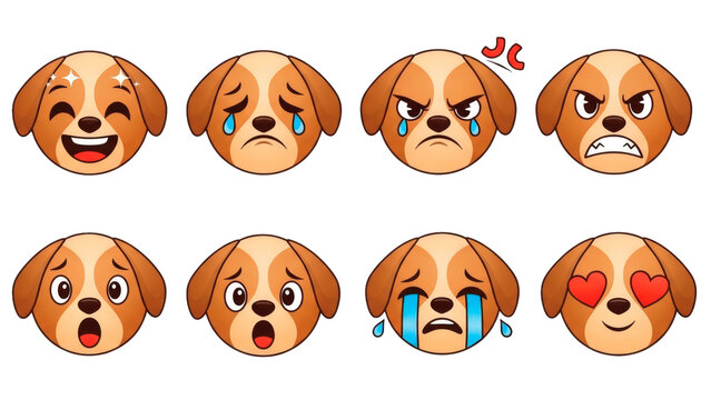 Cute dog emoticons showing various happy and sad expressions