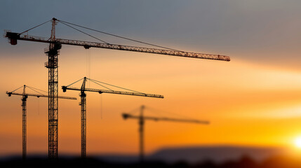 Beginning of success concept with silhouette construction site, heavily defocused sunset background, cranes building construction preparing to welcome new period, development and g