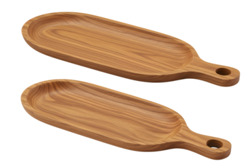 Two wooden serving trays isolated on transparent background are ready for appetizers