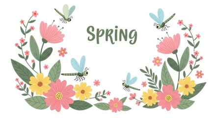 Obraz premium A vibrant spring illustration with colorful blooming flowers and playful dragonflies